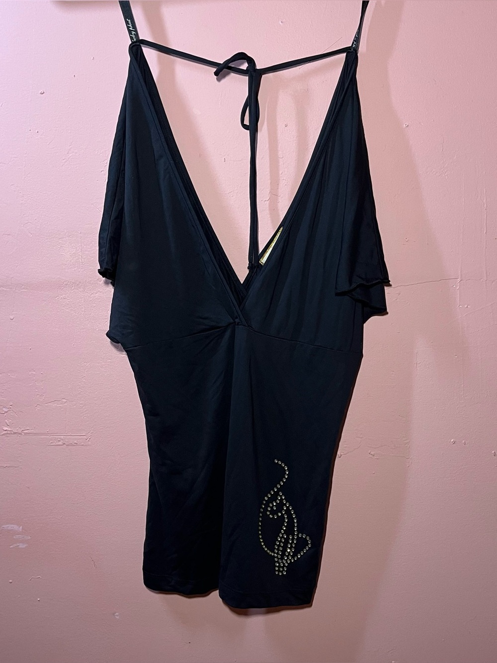 Baby Phat vintage y2k black v neck rhinestone ruffle sleeve cat blouse shirt top